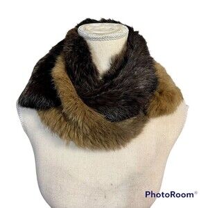Jocelyn Fur Rabbit Fur Knitted Scarf Brown Infinity two tone